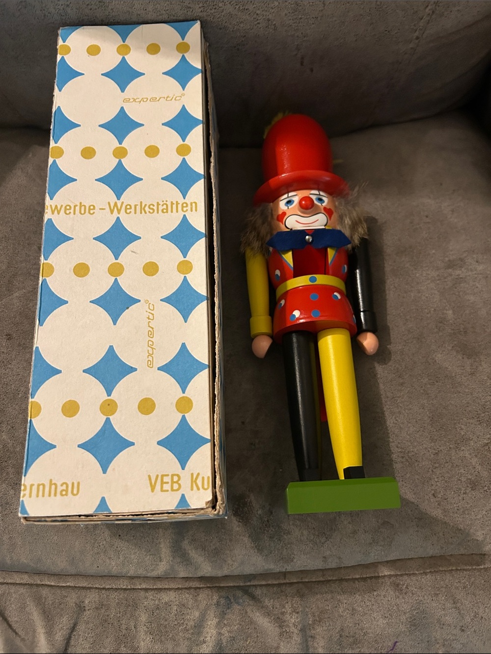 Vintage East German Wooden Clown Nutcracker 12"